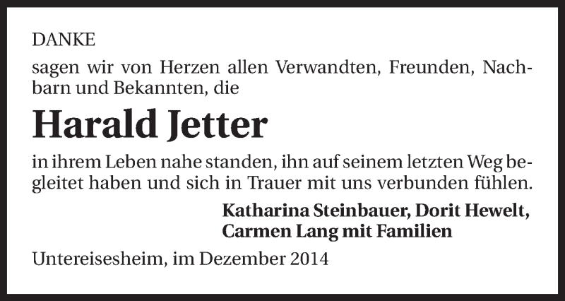  Traueranzeige für Harald Jetter vom 22.12.2014 aus 