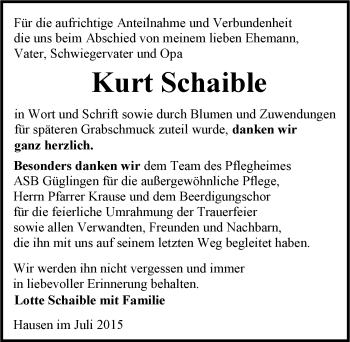 Traueranzeige von Kurt Schaible 