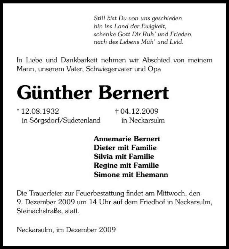  Traueranzeige für Günther Bernert vom 05.12.2009 aus 