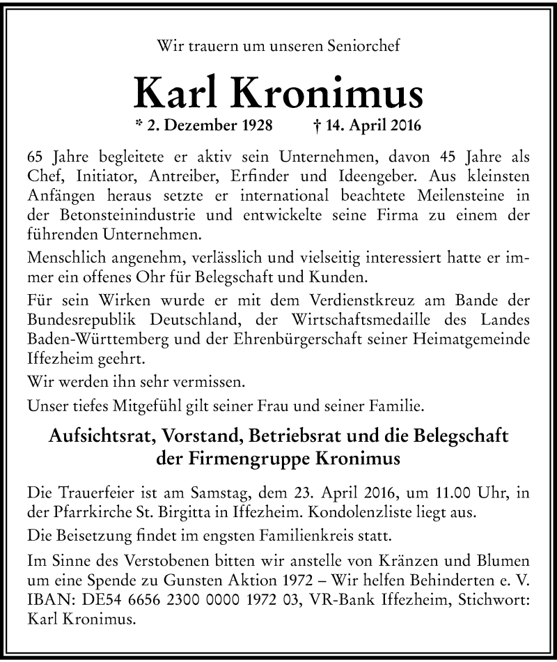  Traueranzeige für Karl Kronimus vom 20.04.2016 aus 