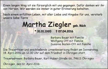 Traueranzeige von Martha Ziegler 