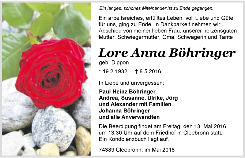  Traueranzeige für Lore Anna Böhringer vom 10.05.2016 aus 