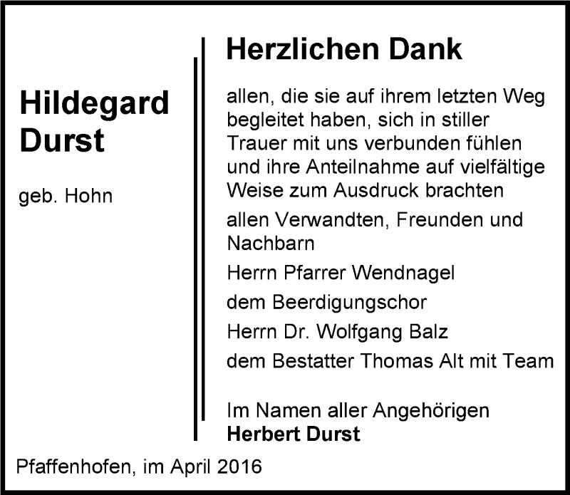  Traueranzeige für Hildegard Durst vom 14.04.2016 aus 