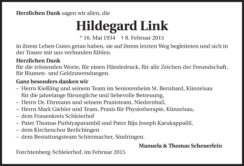  Traueranzeige für Hildegard Link vom 28.02.2015 aus 