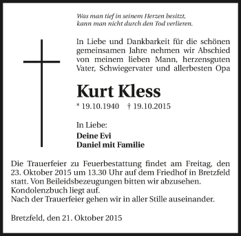 Traueranzeige von Kurt Kless 