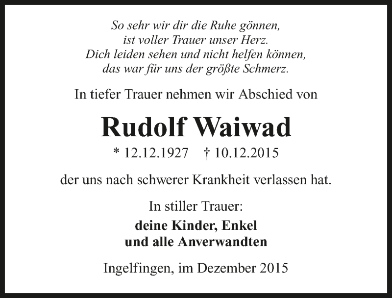  Traueranzeige für Rudolf Waiwad vom 14.12.2015 aus 