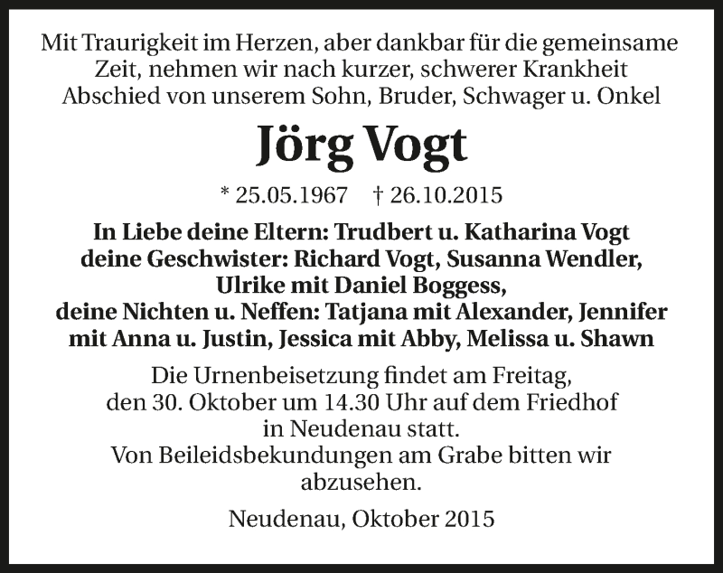  Traueranzeige für Jörg Vogt vom 28.10.2015 aus 