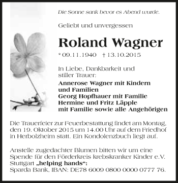 Traueranzeige von Roland Wagner 