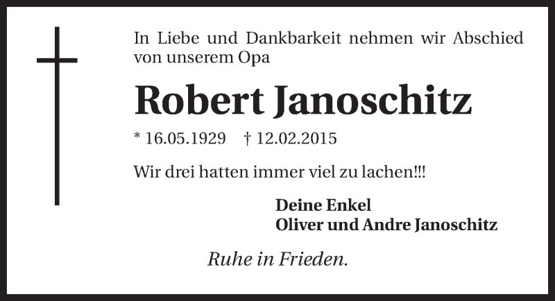  Traueranzeige für Robert Janoschitz vom 21.02.2015 aus 