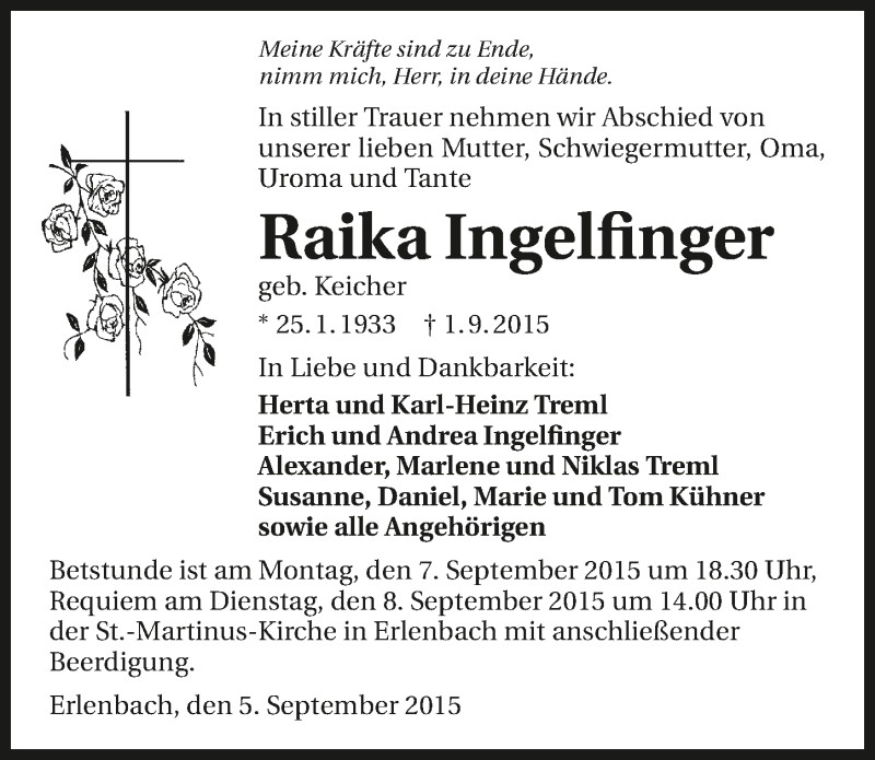  Traueranzeige für Raika Ingelfinger vom 05.09.2015 aus 