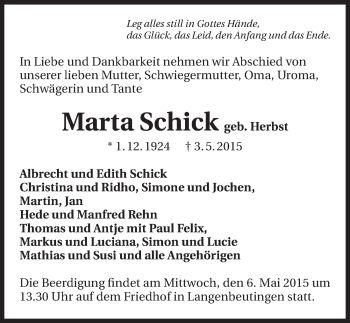 Traueranzeige von Marta Schick 
