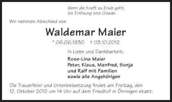 Traueranzeige von Waldemar Maier 