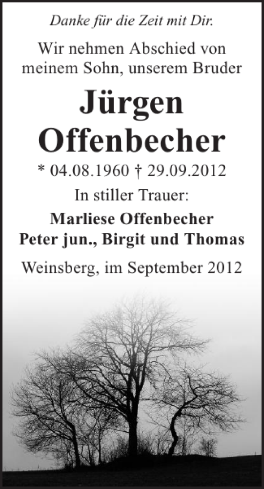  Traueranzeige für Offenbecher Jürgen vom 10.10.2012 aus 