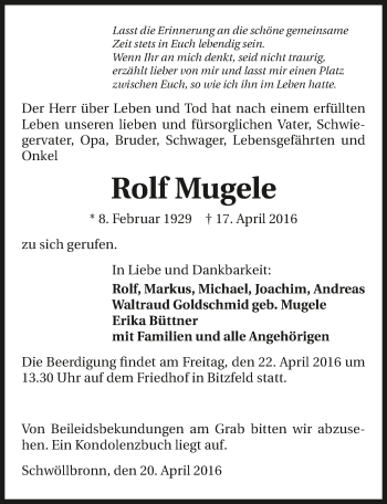 Traueranzeige von Rolf Mugele 