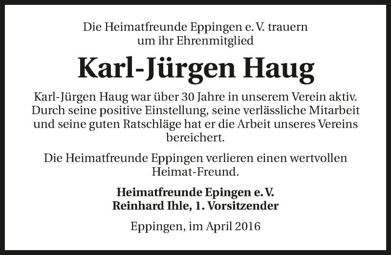  Traueranzeige für Karl-Jürgen Haug vom 14.04.2016 aus 