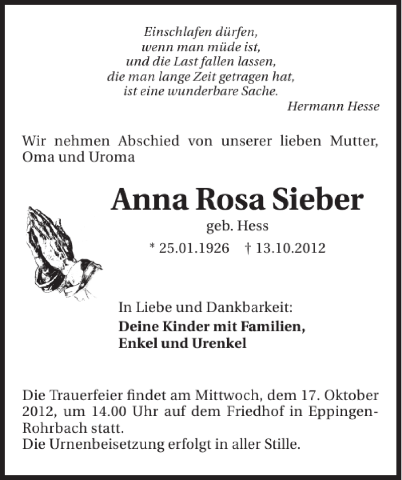 Traueranzeige für Anna Rosa Sieber vom 15.10.2012 aus 