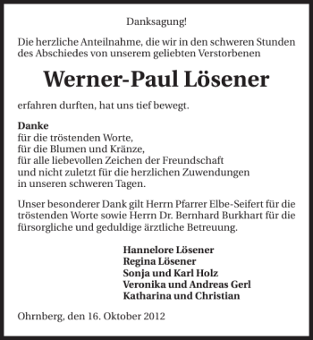 Traueranzeige von Werner-Paul Lösener 