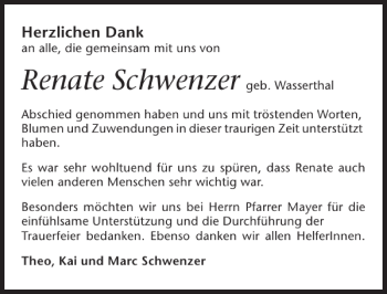 Traueranzeige von die gemeinsam mit uns von Renate Schw Herzlichen Dank an alle 