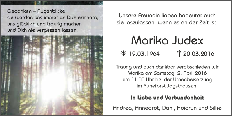  Traueranzeige für Marika Judex vom 29.03.2016 aus 