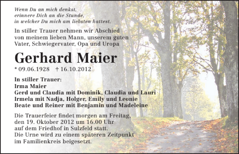  Traueranzeige für Gerhard Maier vom 18.10.2012 aus 