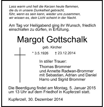 Traueranzeige von Margot Gottschalk 