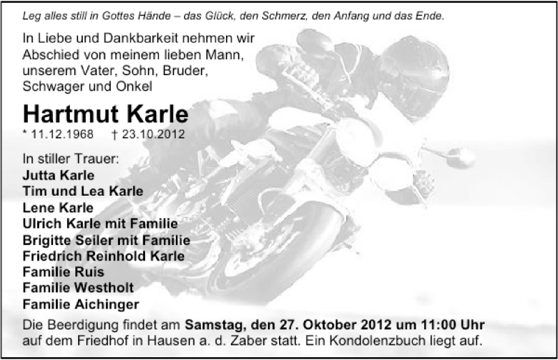  Traueranzeige für Hartmut Karle vom 25.10.2012 aus 