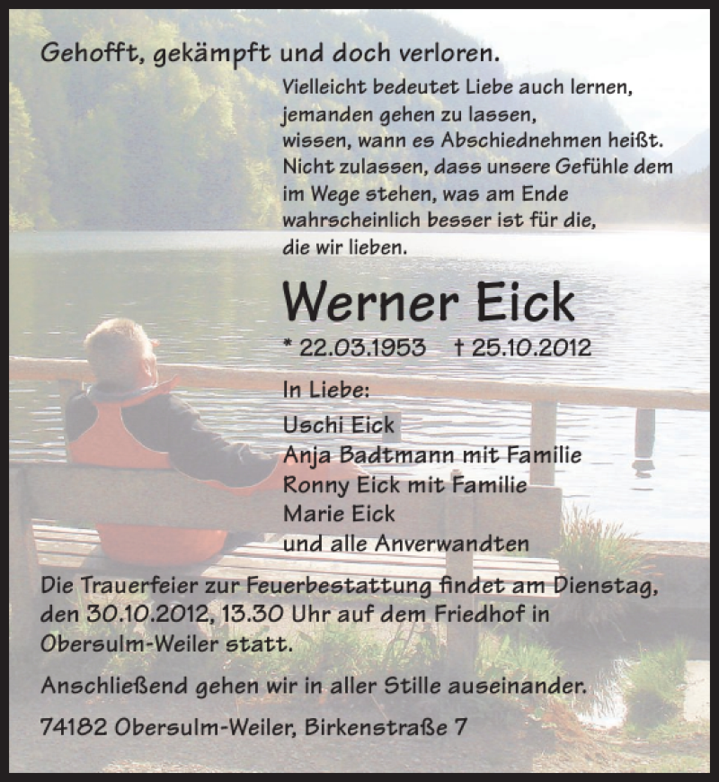  Traueranzeige für Werner Eick vom 27.10.2012 aus 