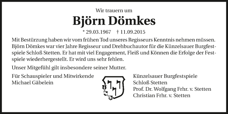 Traueranzeige für Björn Dömkes vom 18.09.2015 aus 