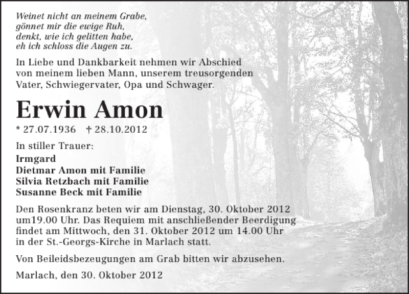 Traueranzeige für Erwin Amon vom 30.10.2012 aus 