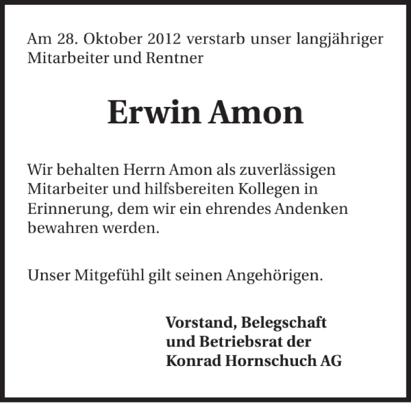  Traueranzeige für Erwin Amon vom 30.10.2012 aus 