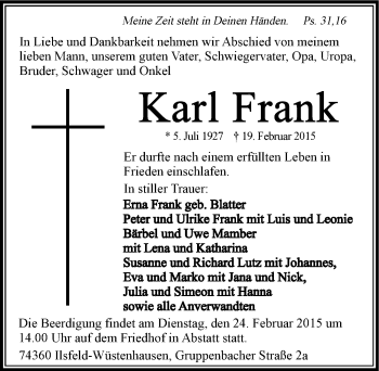Traueranzeige von Karl Frank 