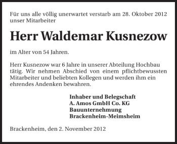 Traueranzeige von Kusnezow Waldemar 