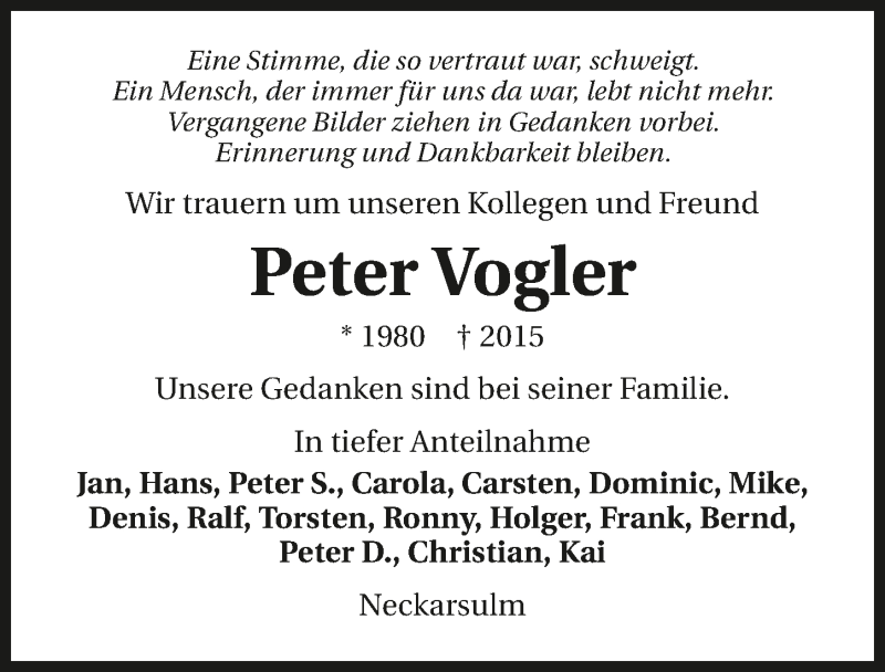  Traueranzeige für Peter Vogler vom 09.07.2015 aus 