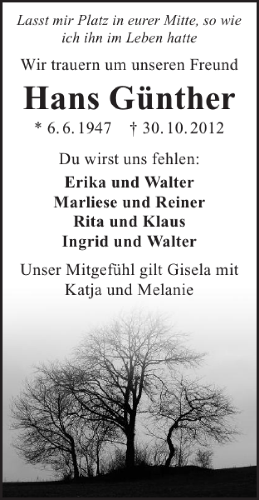  Traueranzeige für so wie ich ihn im Leben hatteW Lasst mir Platz in eurer Mitte vom 03.11.2012 aus 