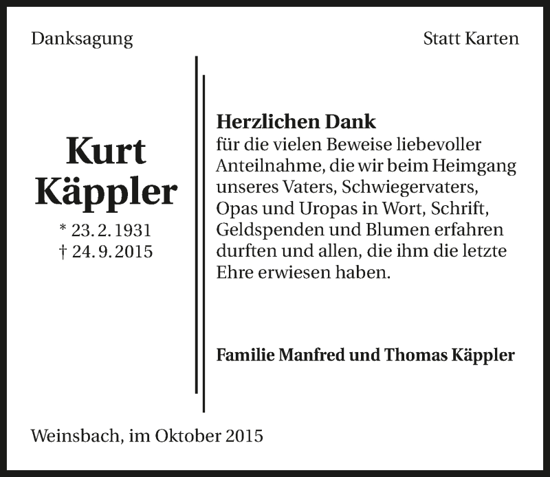  Traueranzeige für Kurt Käppler vom 31.10.2015 aus 