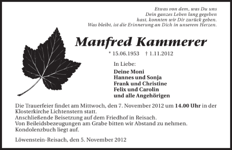  Traueranzeige für Manfred Kammerer vom 05.11.2012 aus 