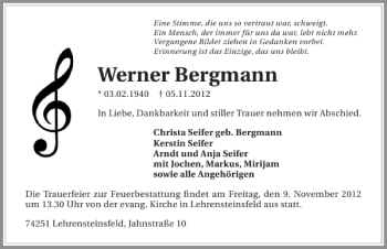 Traueranzeige von Werner Bergmann 