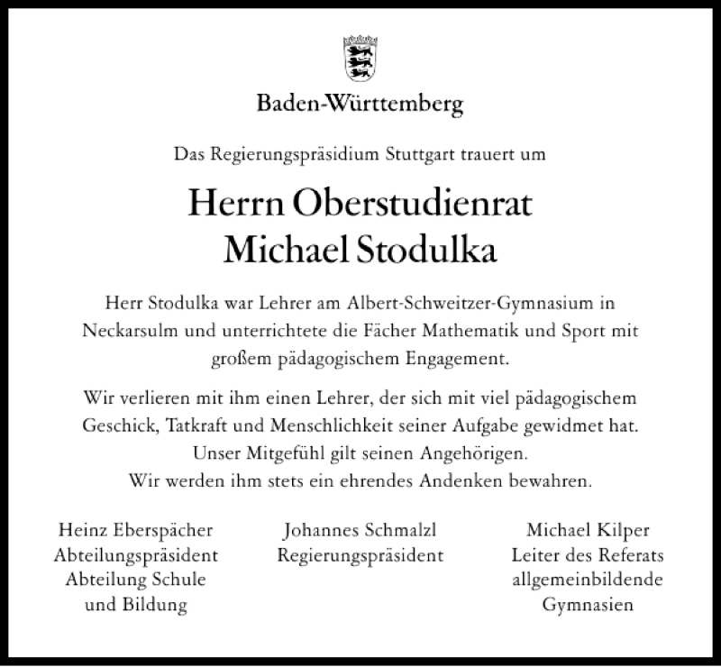  Traueranzeige für Oberstudienrat Michael Stodulka vom 06.11.2012 aus 