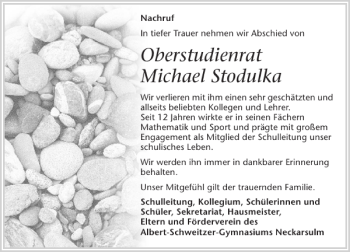 Traueranzeige von Oberstudienrat Michael Stodulka 