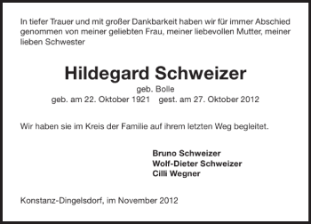 Traueranzeige von Hildegard Schweizer 