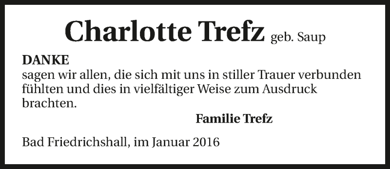  Traueranzeige für Charlotte Trefz vom 02.01.2016 aus 