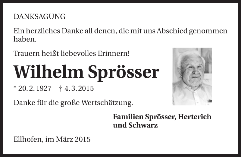  Traueranzeige für Wilhelm Sprösser vom 28.03.2015 aus 