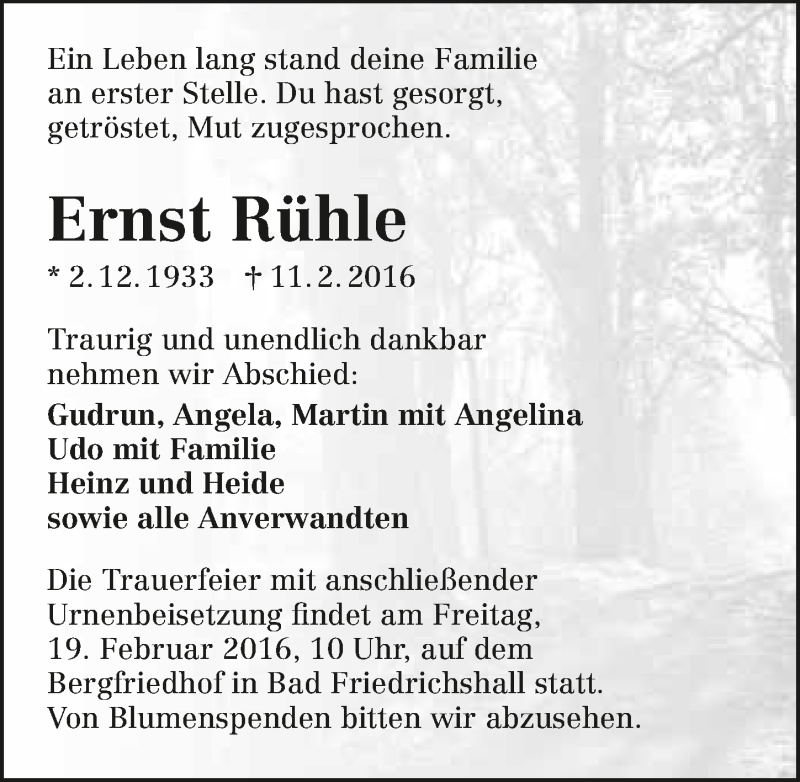  Traueranzeige für Ernst Rühle vom 17.02.2016 aus 