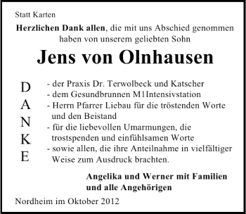 Traueranzeige von Jens von Olnhausen 