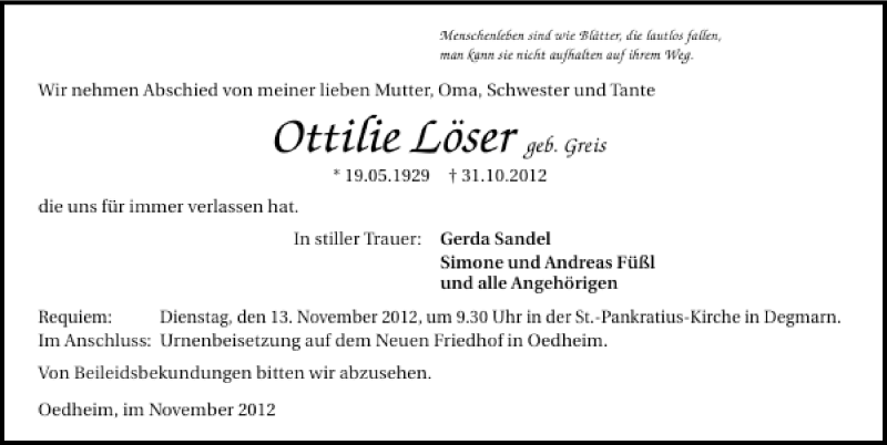  Traueranzeige für Ottilie Löser vom 09.11.2012 aus 