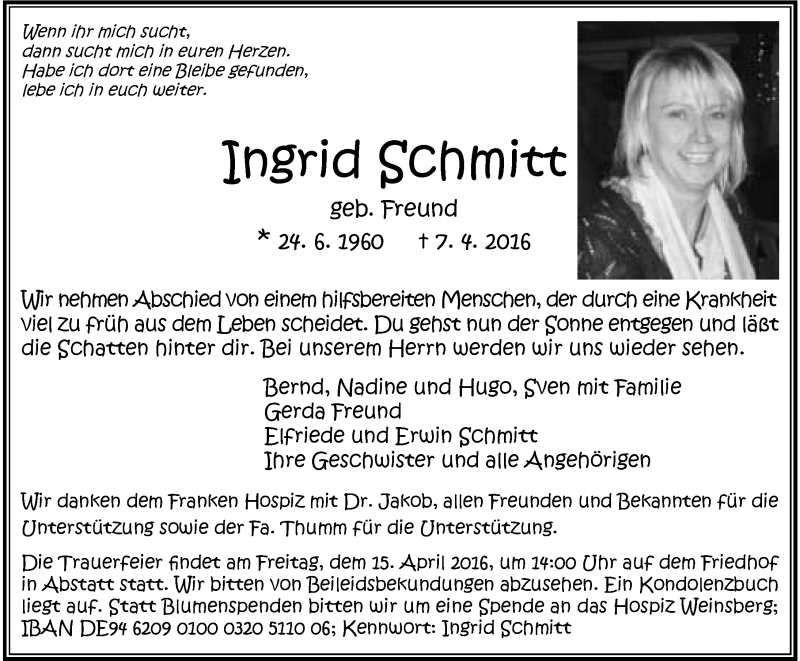 Traueranzeige für Ingrid Schmitt vom 12.04.2016 aus 