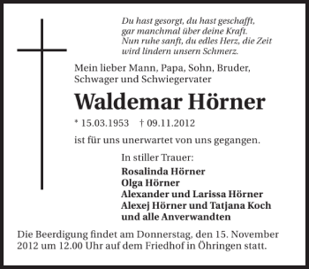 Traueranzeige von Waldemar Hörner 