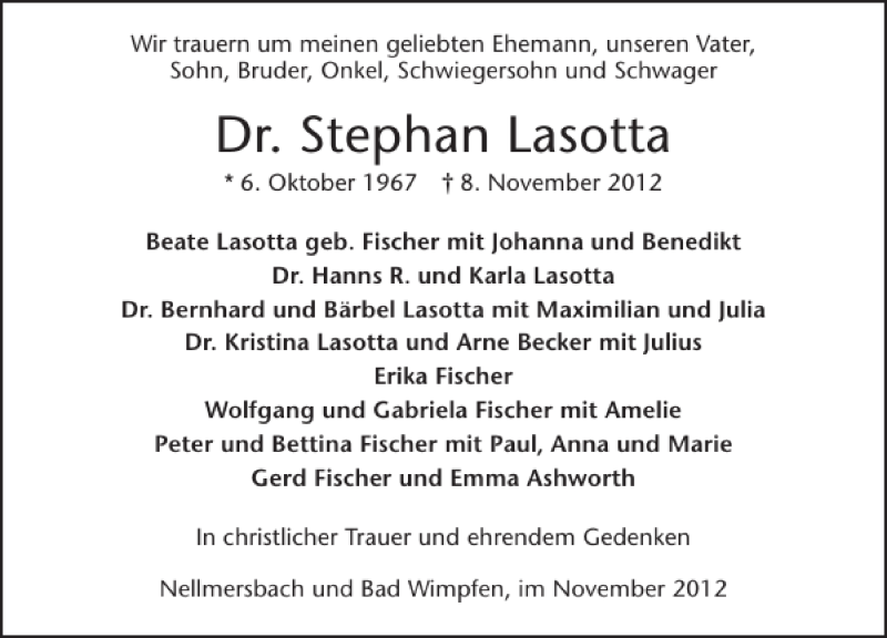  Traueranzeige für Dr. Stephan Lasotta vom 14.11.2012 aus 