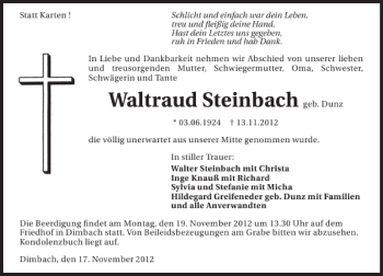 Traueranzeige von Waltraud Steinbach 