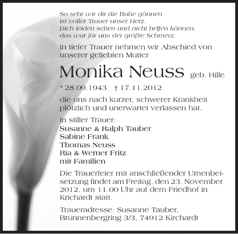  Traueranzeige für Monika Neuss vom 21.11.2012 aus 